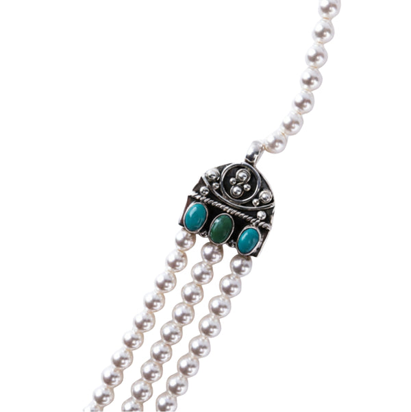 Luxe Necklace with pearls, carved findings, and turquoise stones