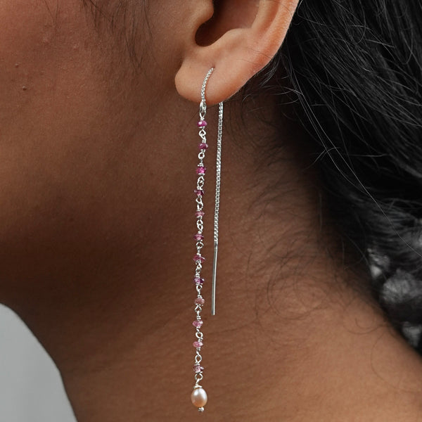Pink Tourmaline & Rice Pearl Ganthan Sui Dhaga Earrings (Project Handmade)