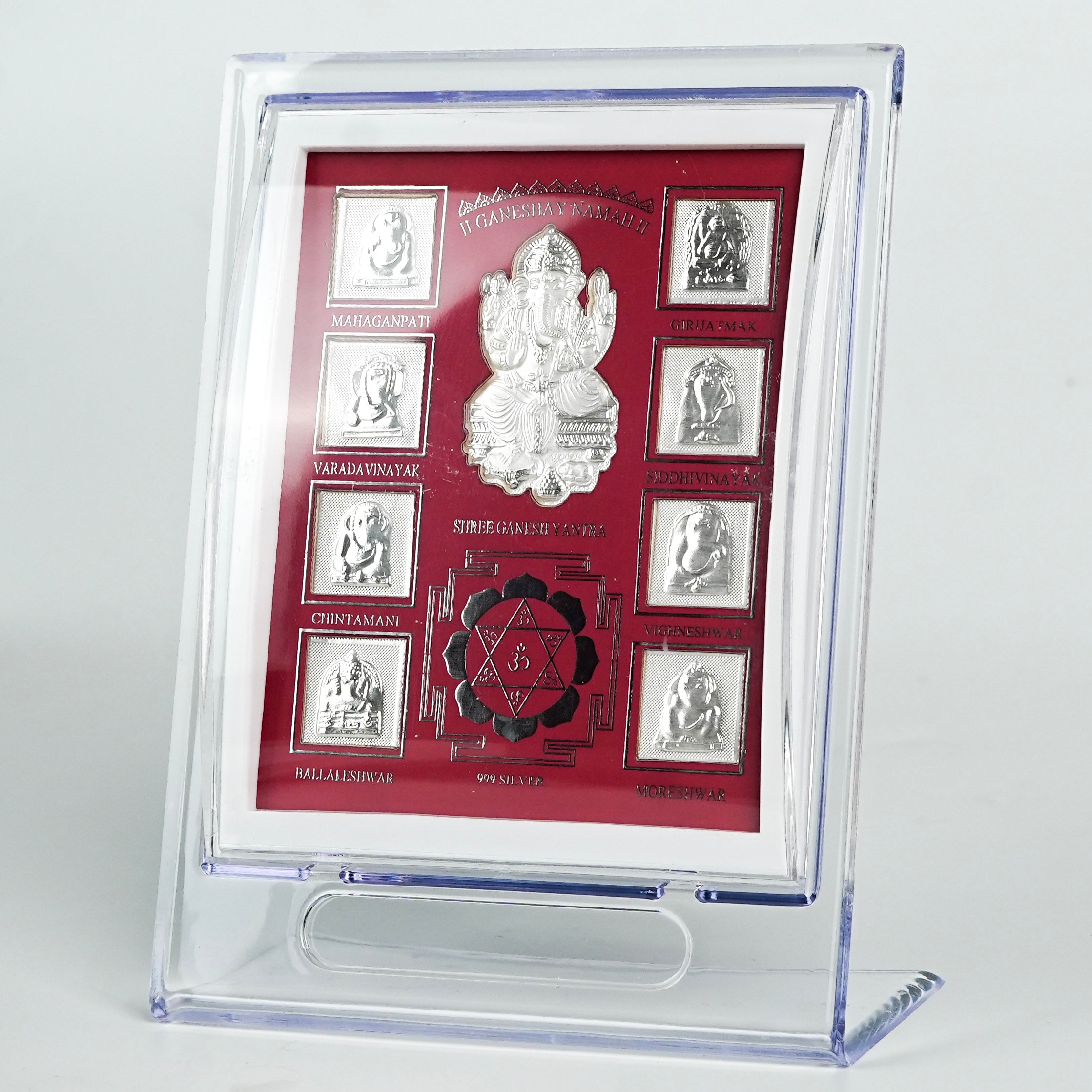 Silver Ganesh Yantra frame with protective plastic cover for home decoration