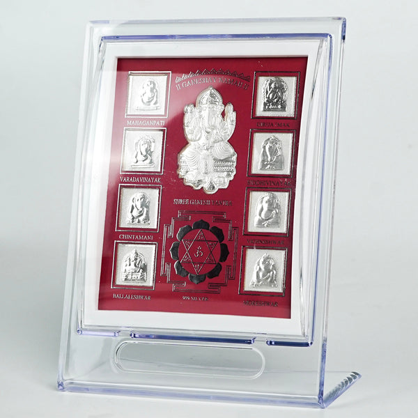 Silver Ganesh Yantra frame with protective plastic cover for home decoration