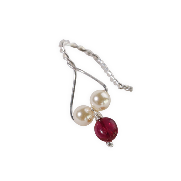 Silver Bali earrings with pearls and ruby