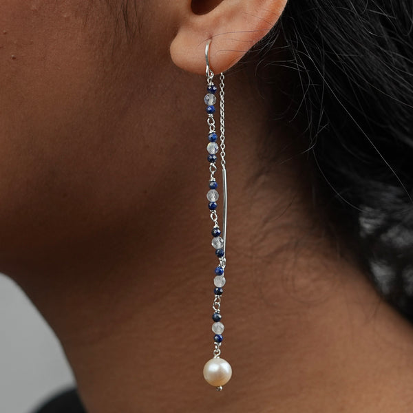 Labradorite, Lapis & Pearl Ganthan Sui Dhaga Earrings (Project Handmade)