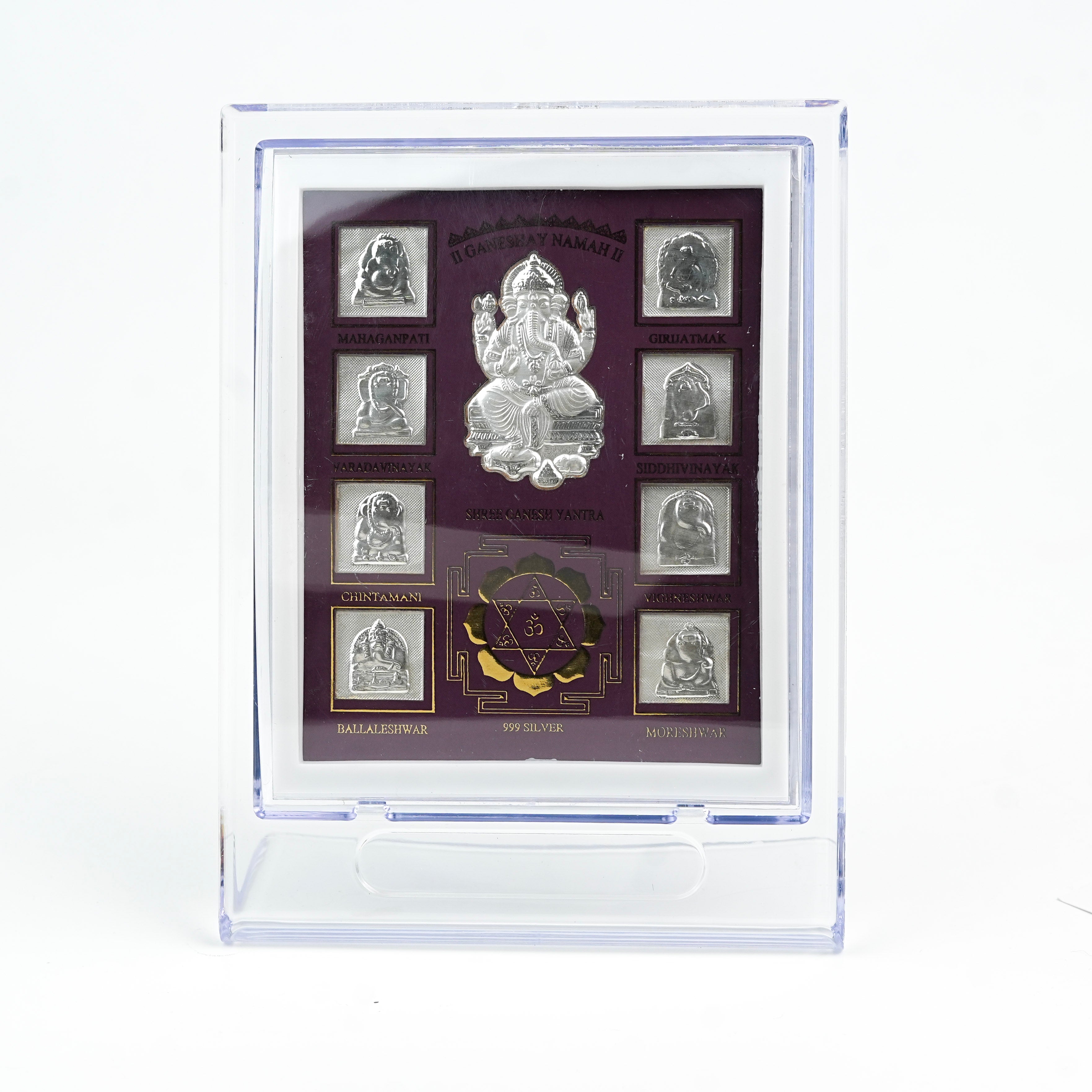 Sterling silver Ganesh Yantra frame with purple background