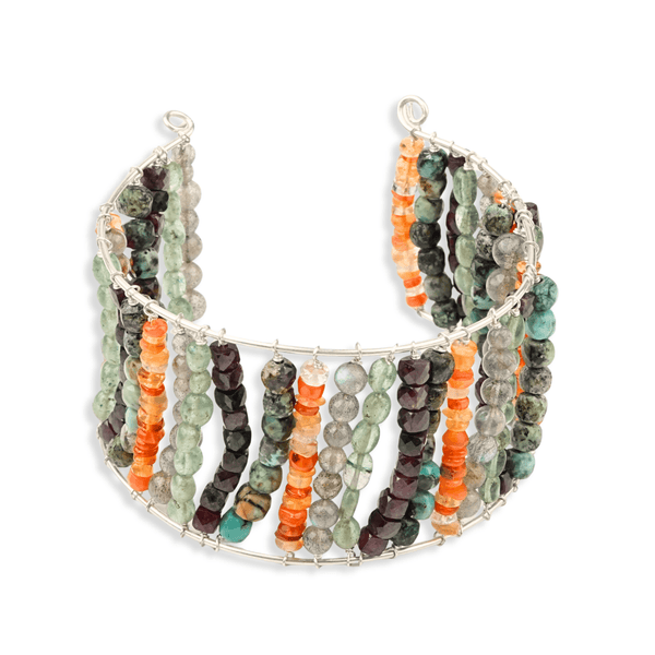 Multicolour Semi-Precious Stone Silver Bracelet (Project Handmade) front view in 92.5 sterling silver