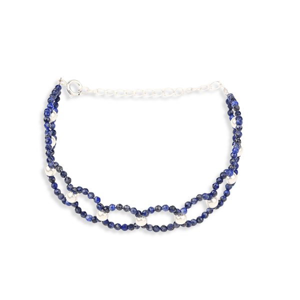 Lapis Lazuli & Pearl Silver Bracelet (Project Handmade) front view in 92.5 sterling silver