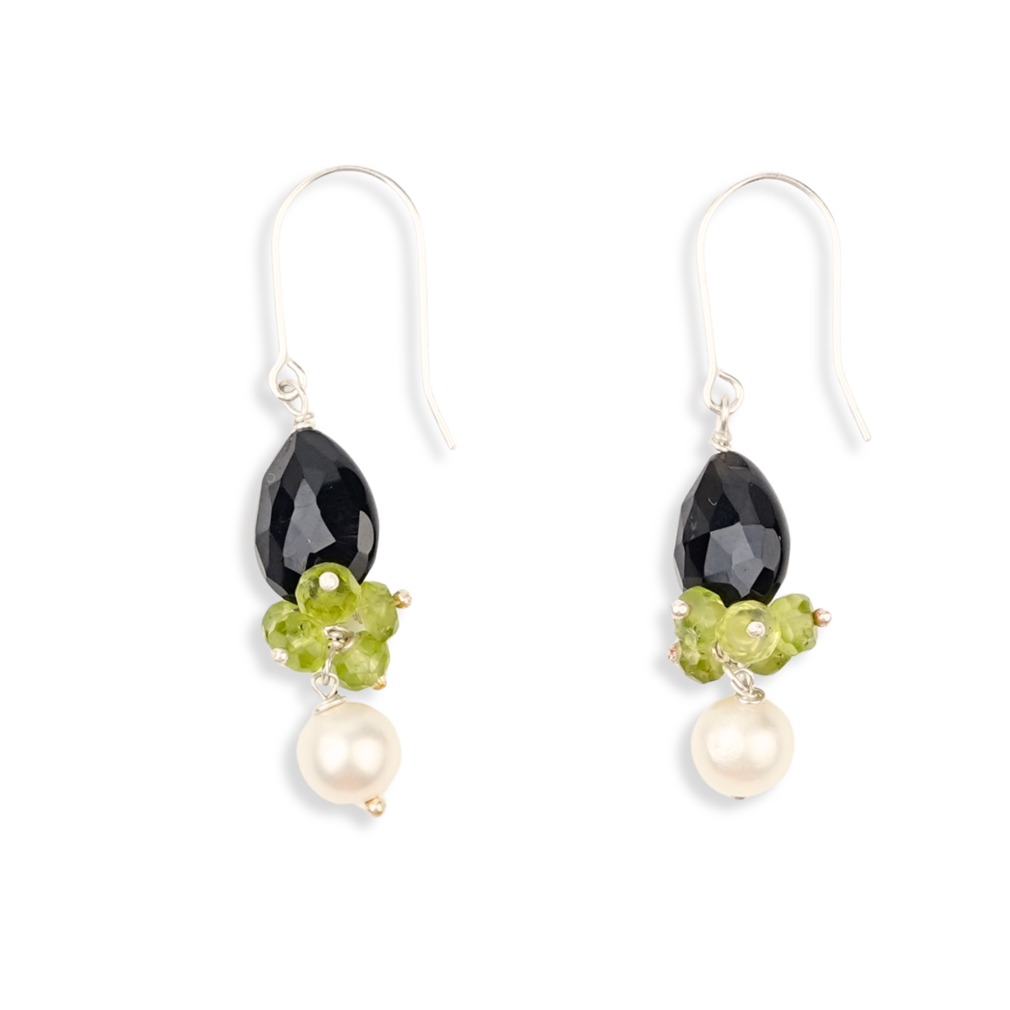 Black Spinel Drop, Peridot & Pearl Silver Earrings (Project Handmade)