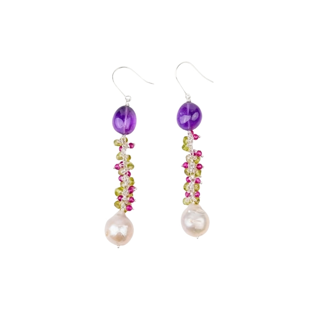 Amethyst, Peridot, Ruby and Baroque Pearl Earrings (Project Handmade)