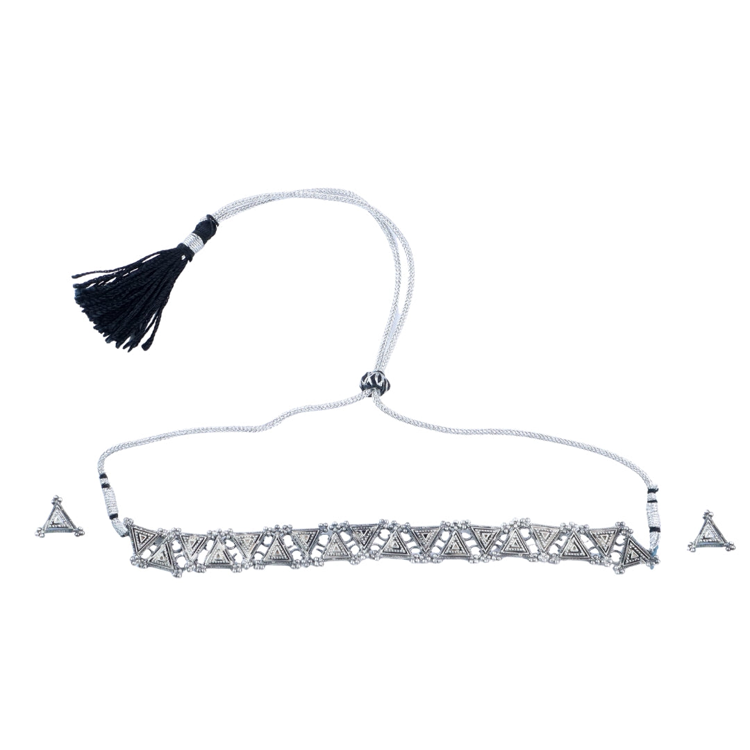 Silver Oxidised Triangle Choker with Earrings