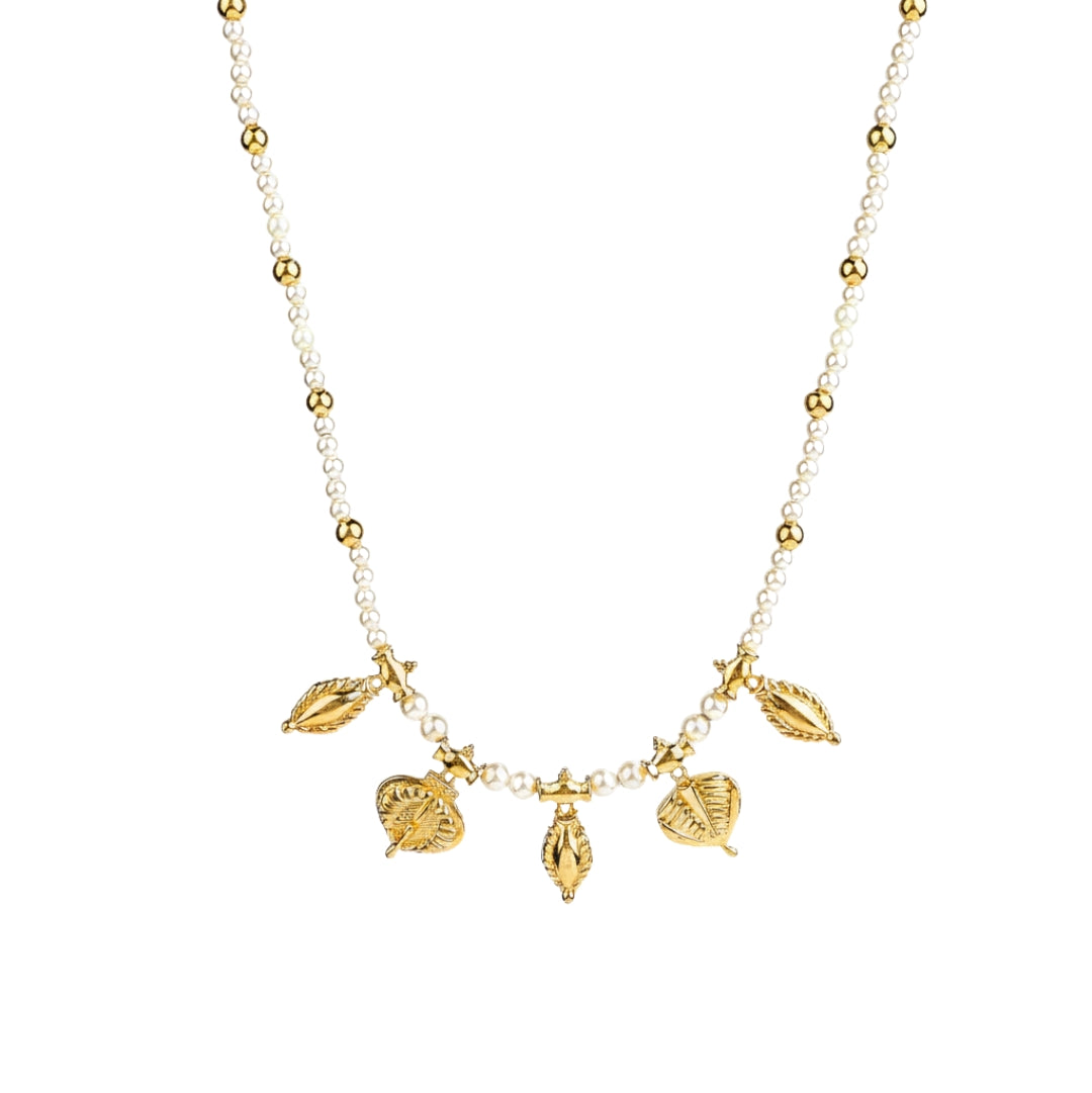 Pearl necklace with leaf and badam motif in 22K gold plated 92.5 silver