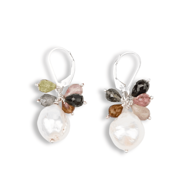 Tourmaline Bunch & Pearl Silver Earrings (Project Handmade) front view in 92.5 sterling silver