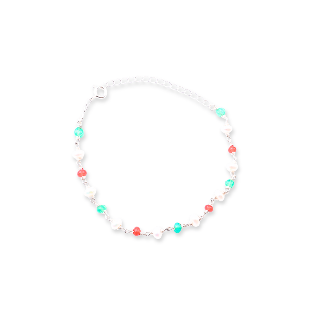 Silver Ganthan Bracelet with Rubies, Green Onyx & Freshwater Pearls