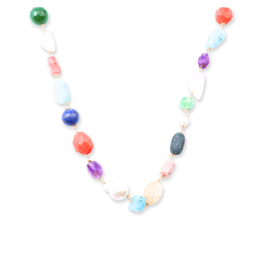 Colorful beaded necklace with multicolour stones and gold chain