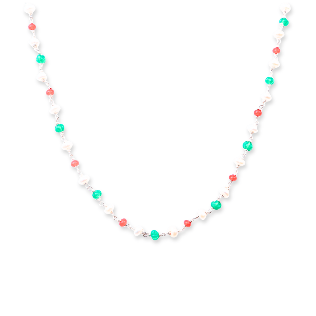 Colorful beaded necklace with pearls, rubies, and green onyx for women