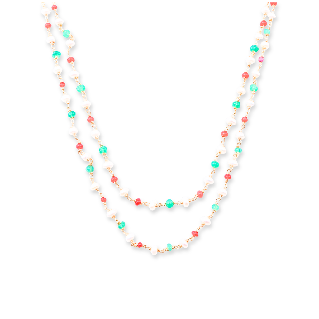 Double Layered Ganthan Necklace with Rubies, Green Onyx and Freshwater Pearls | 22K Gold-Plated