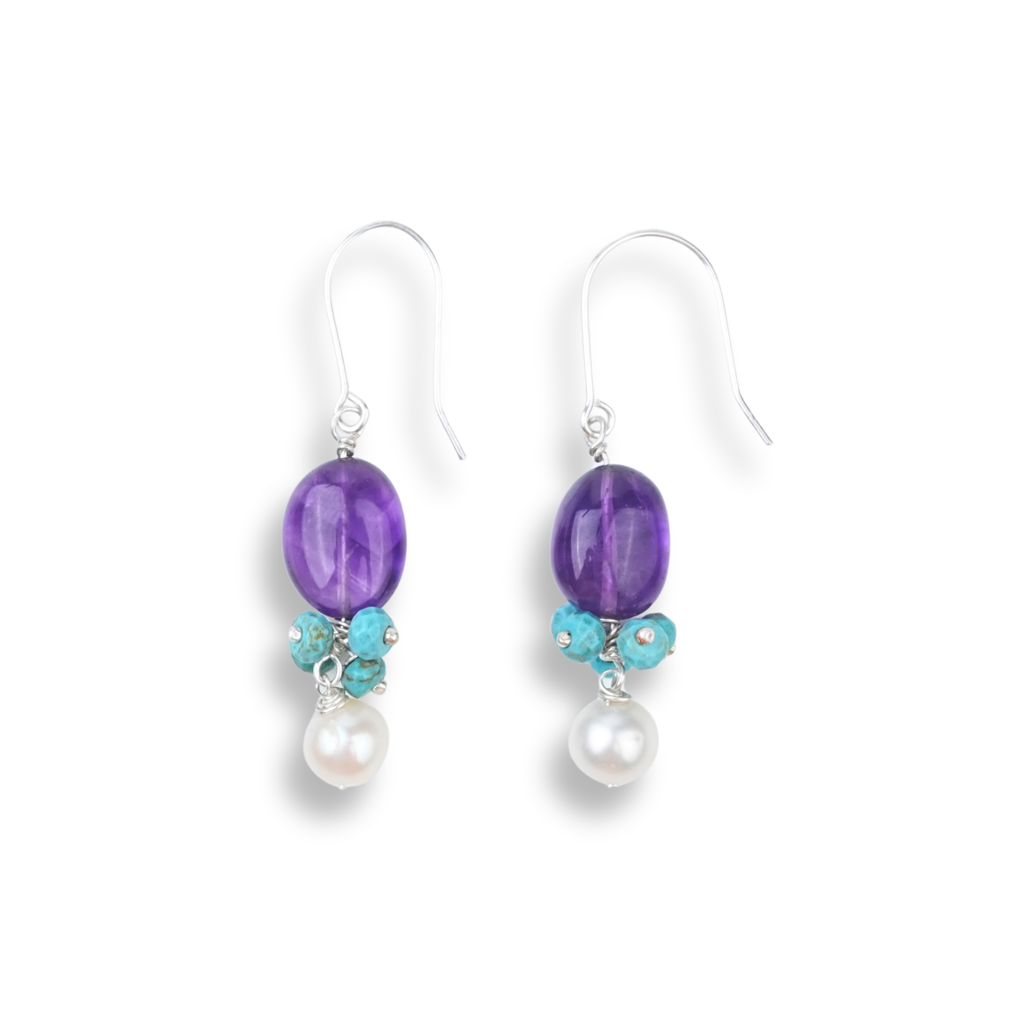 Amethyst, Turquoise Bunch & Pearl Silver Earrings (Project Handmade)