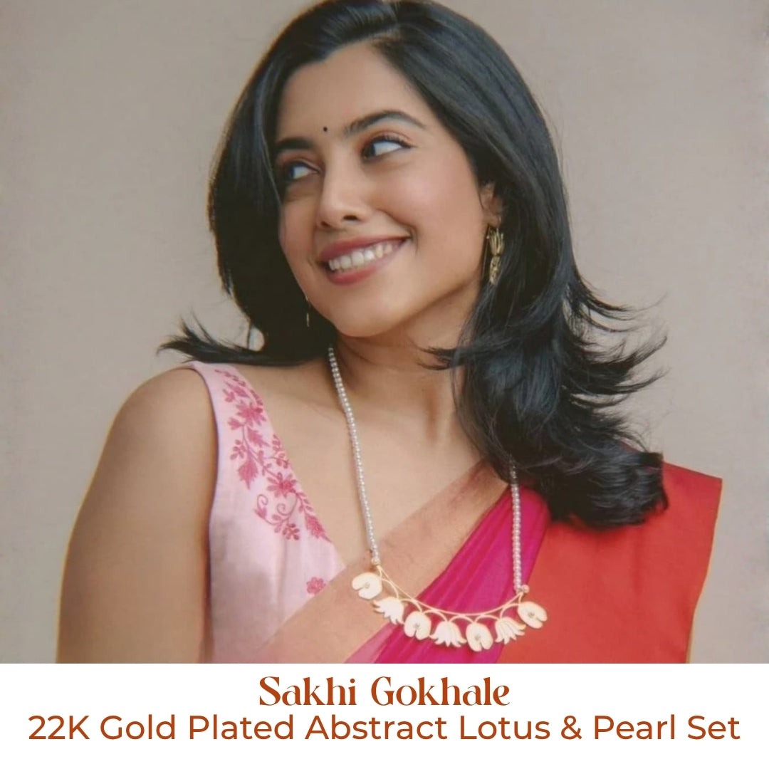 Abstract Lotus & Pearl Set | 22K Gold Plated | 92.5 Silver