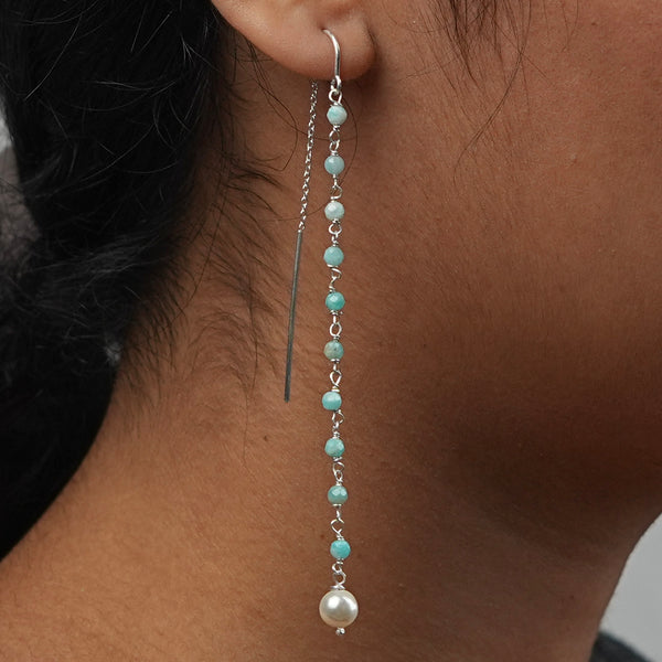 Blue Firoza & Pearl Ganthan Sui Dhaga Earrings (Project Handmade)