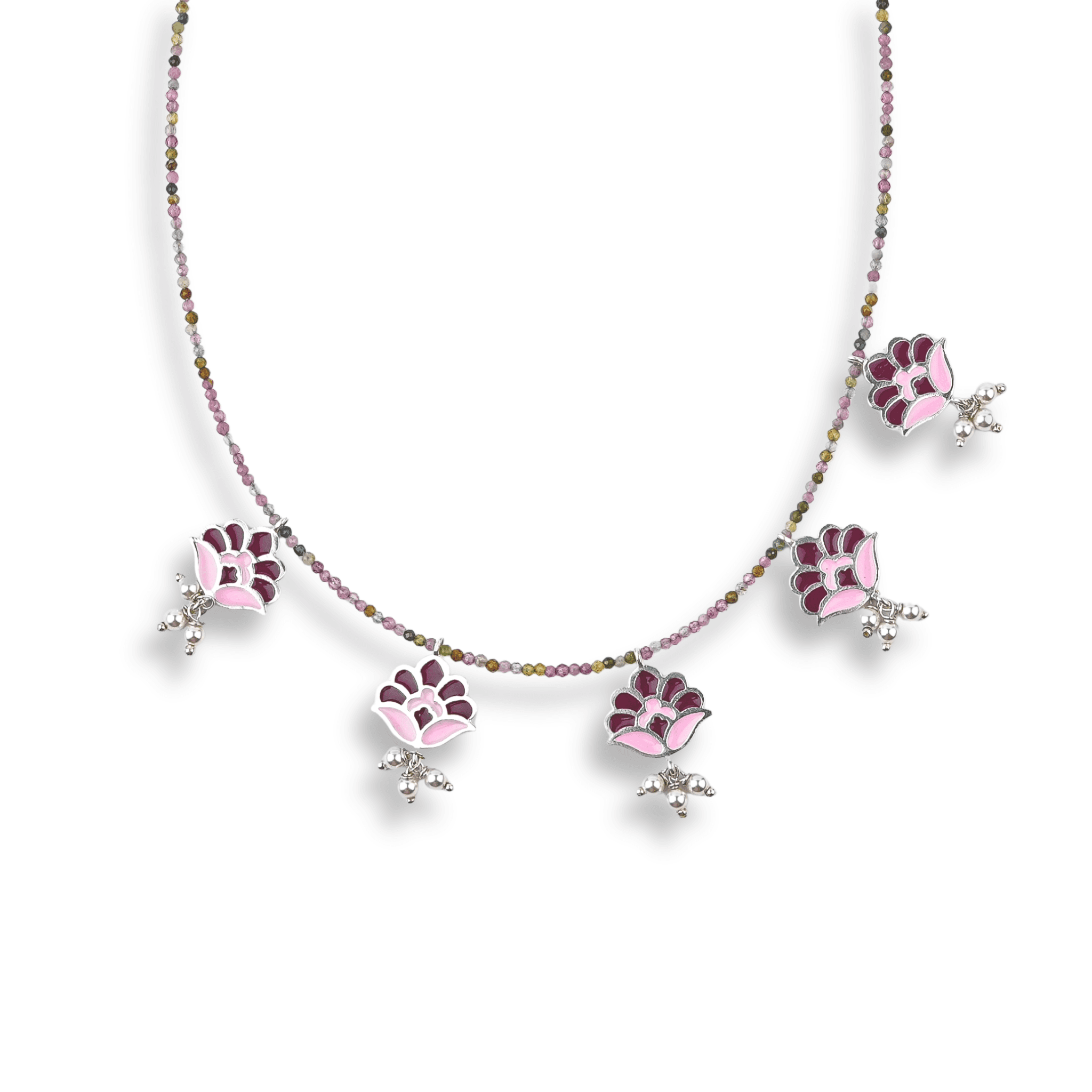 Enamel Charm Necklace with Tourmaline front view in 92.5 sterling silver