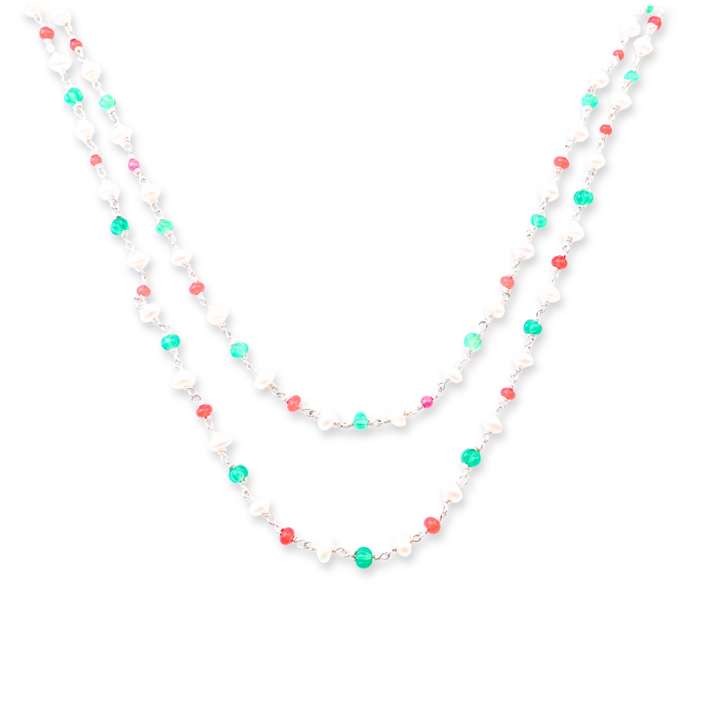 Colorful beaded necklace with pearls, rubies, and green onyx for jewelry accessories
