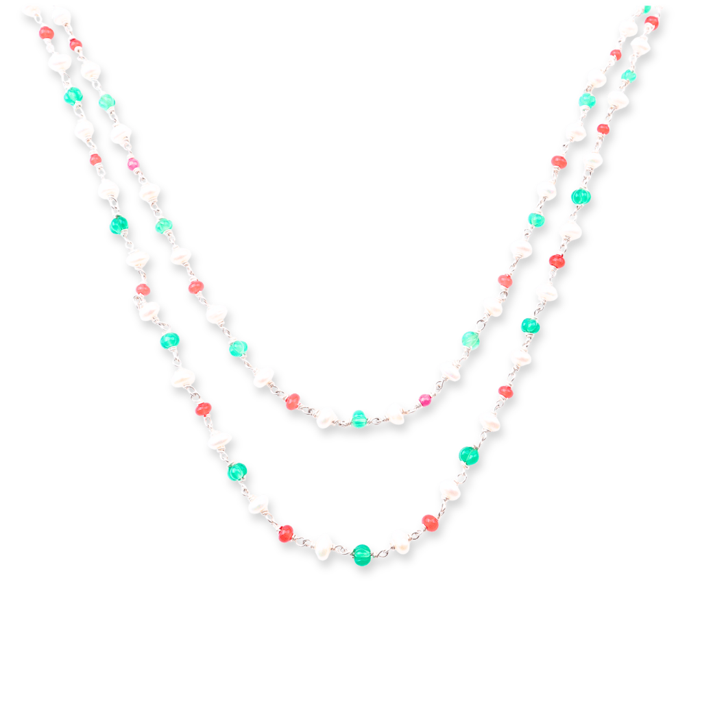 Colorful beaded necklace with pearls, rubies, and green onyx for jewelry accessories