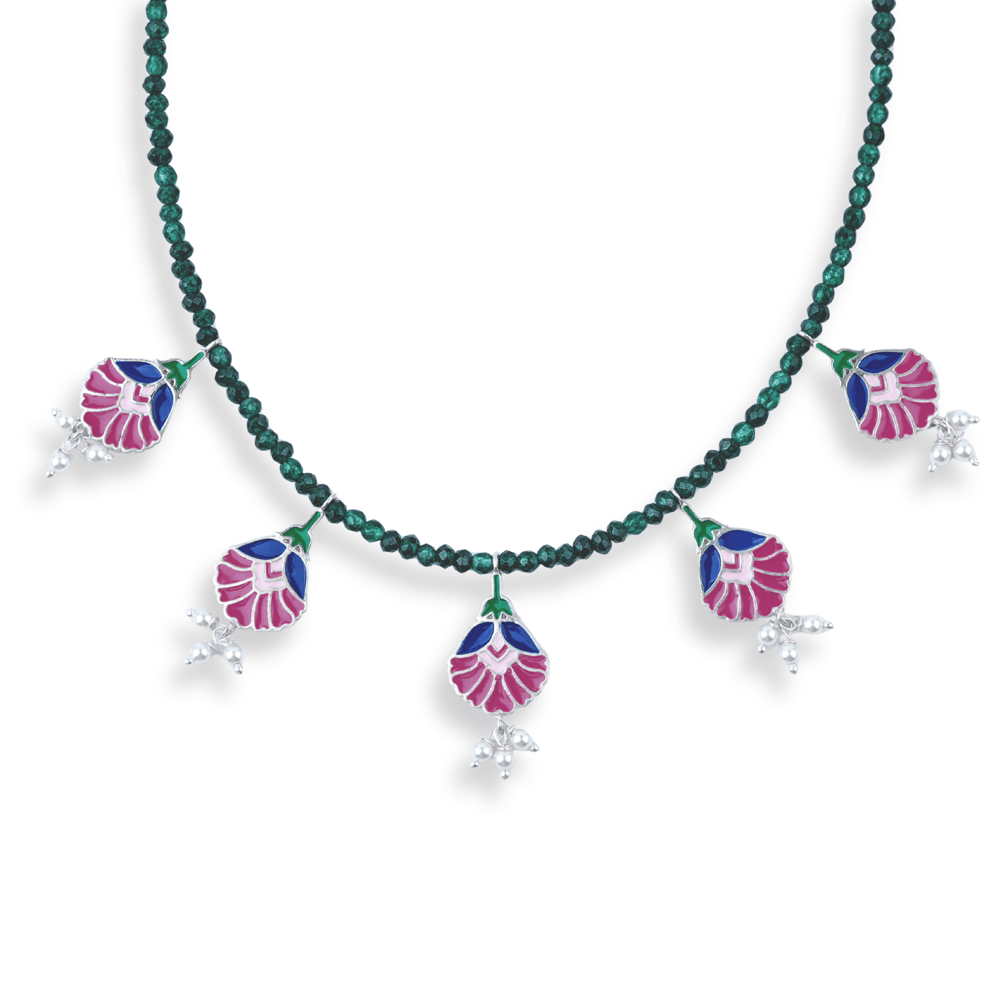 Rose Enamel Flower Charm Necklace with Green Onyx front view in 92.5 sterling silver