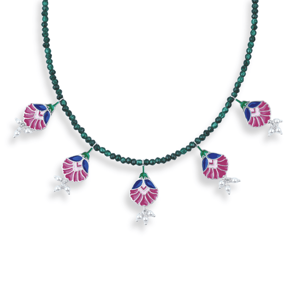 Rose Enamel Flower Charm Necklace with Green Onyx front view in 92.5 sterling silver