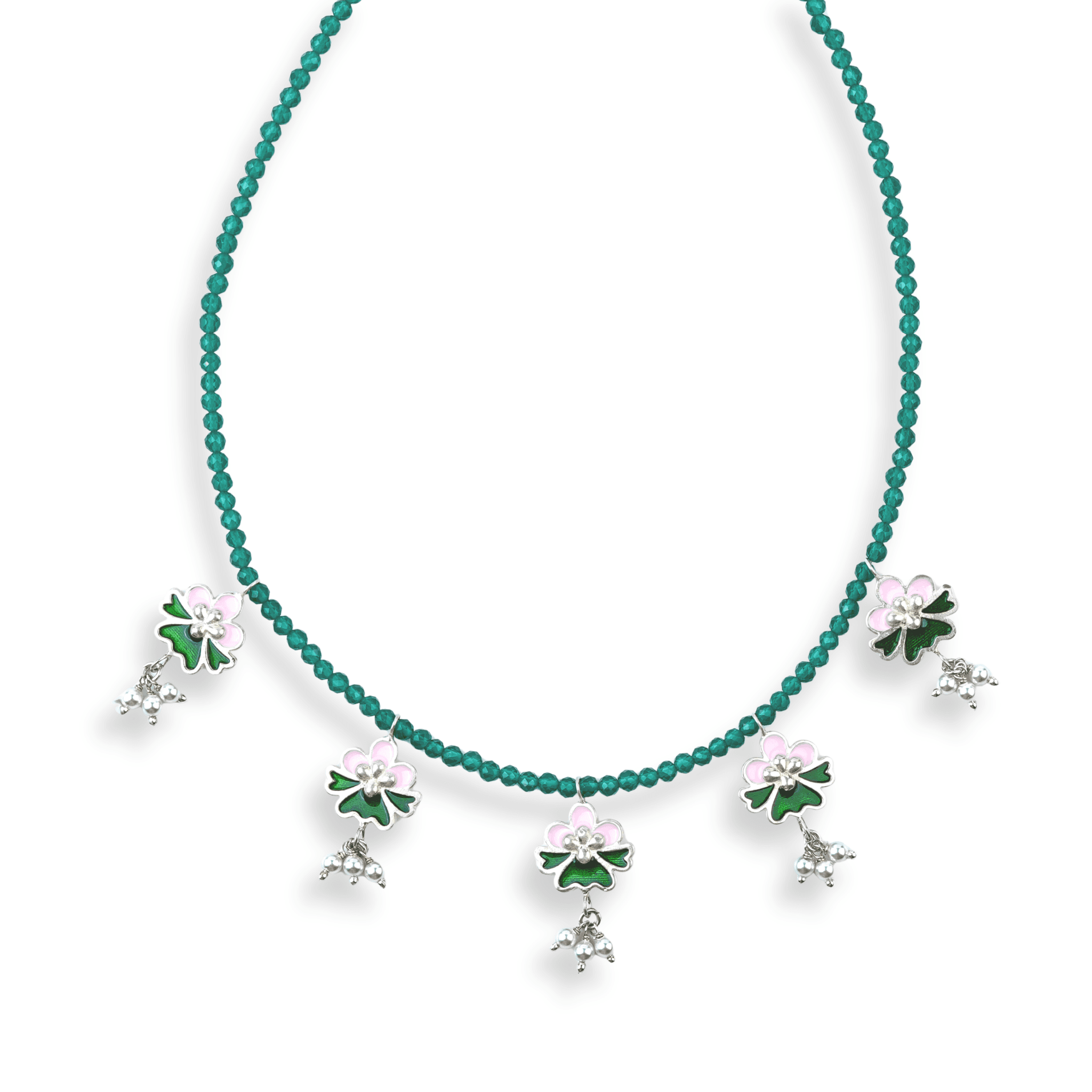 Pink & Green Enamel Charm Necklace with Green Onyx front view in 92.5 sterling silver