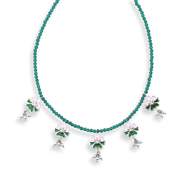 Pink & Green Enamel Charm Necklace with Green Onyx front view in 92.5 sterling silver