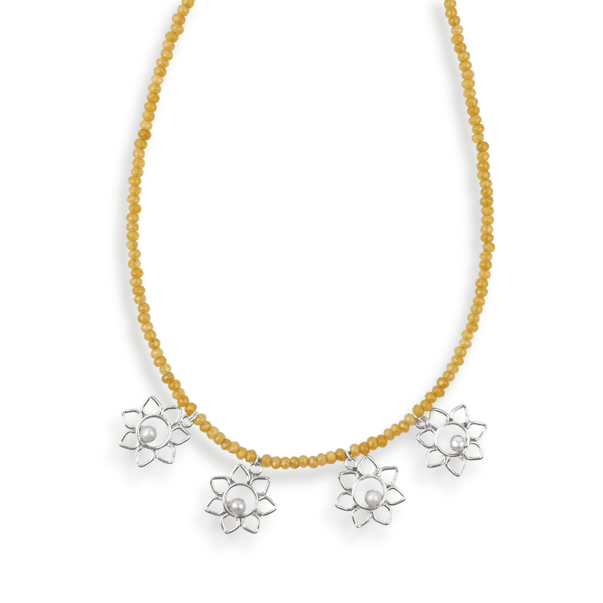 Flower & Pearl Charm Necklace with Yellow Jade front view in 92.5 sterling silver