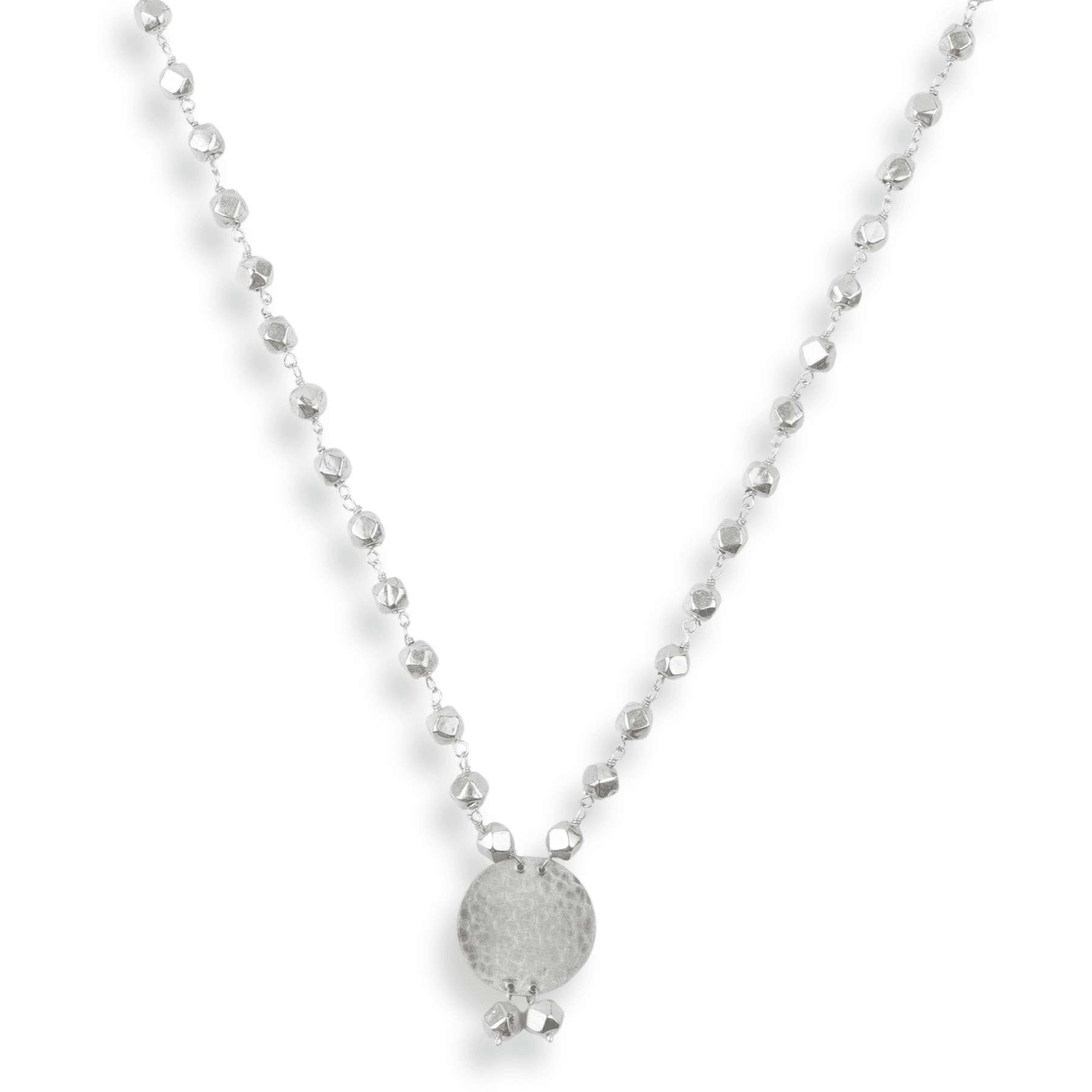 Ashtapailu Necklace with Hammered Coin Pendant front view in 92.5 sterling silver