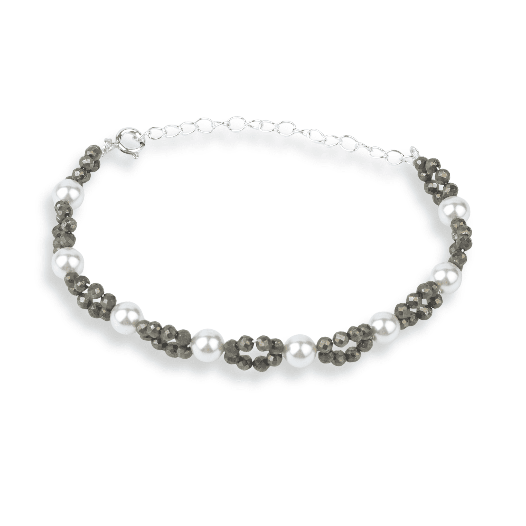 Silver Pyrite & Pearl Bracelet front view in 92.5 sterling silver with elegant gemstone detailing