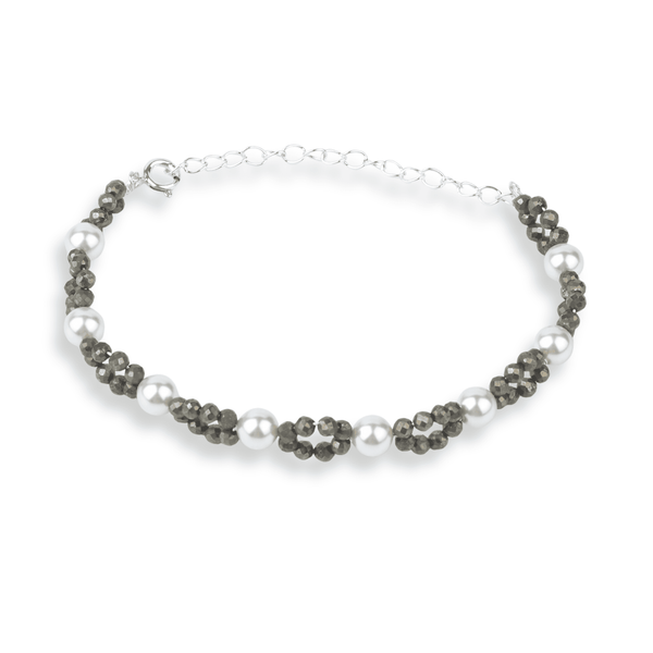 Silver Pyrite & Pearl Bracelet front view in 92.5 sterling silver with elegant gemstone detailing