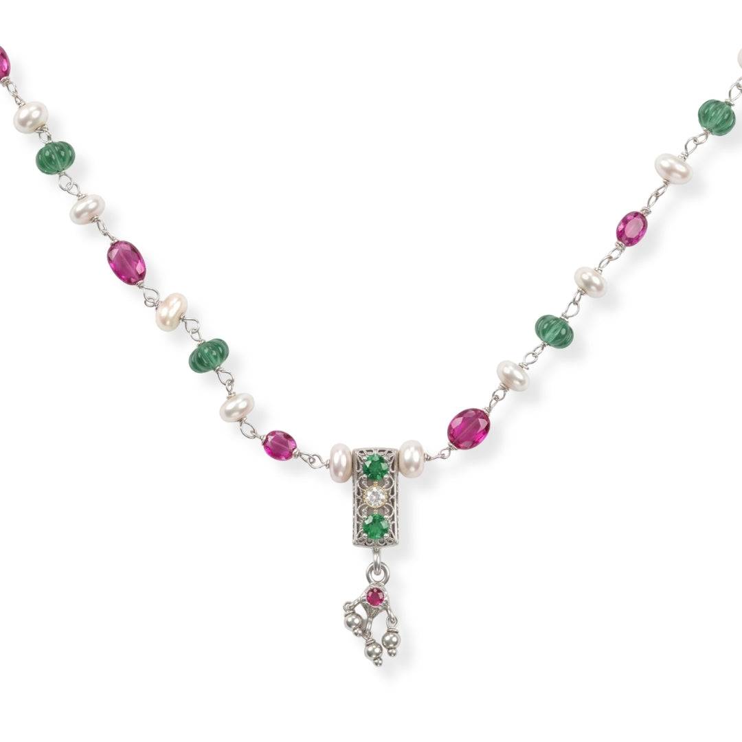 Rubies, Green Onyx & Freshwater Pearl Ganthan Necklace front view featuring vibrant gemstones, lustrous pearls, and an elegant traditional design