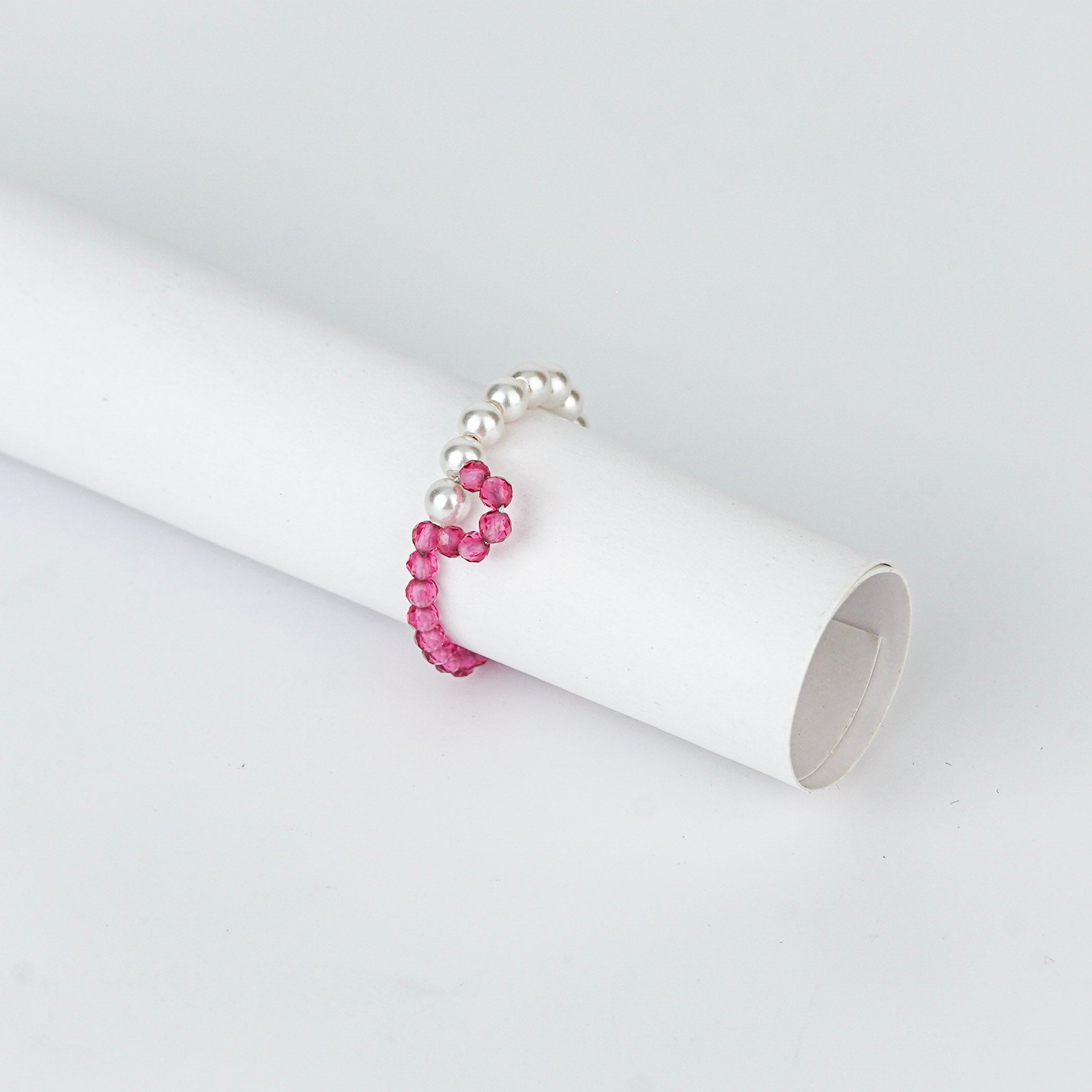 Silver Pearls Ring with Ruby Stones