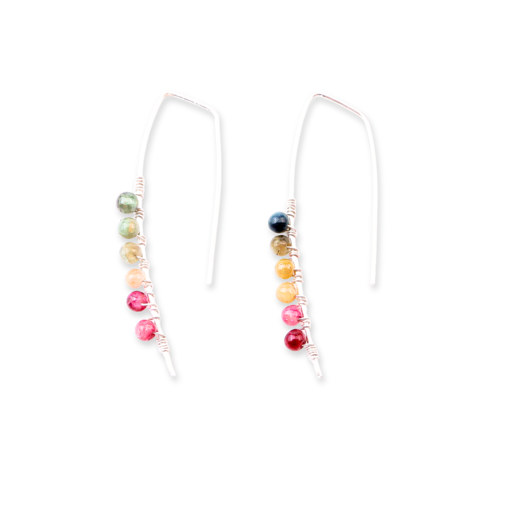 Silver multicolour stone wrapped earrings