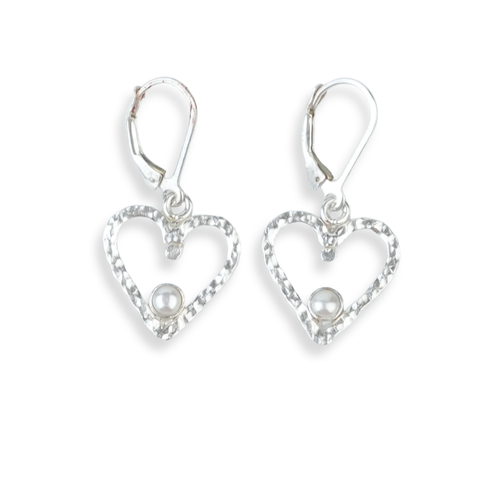 Silver Hammered Heart & Pearl Dangle Earrings
