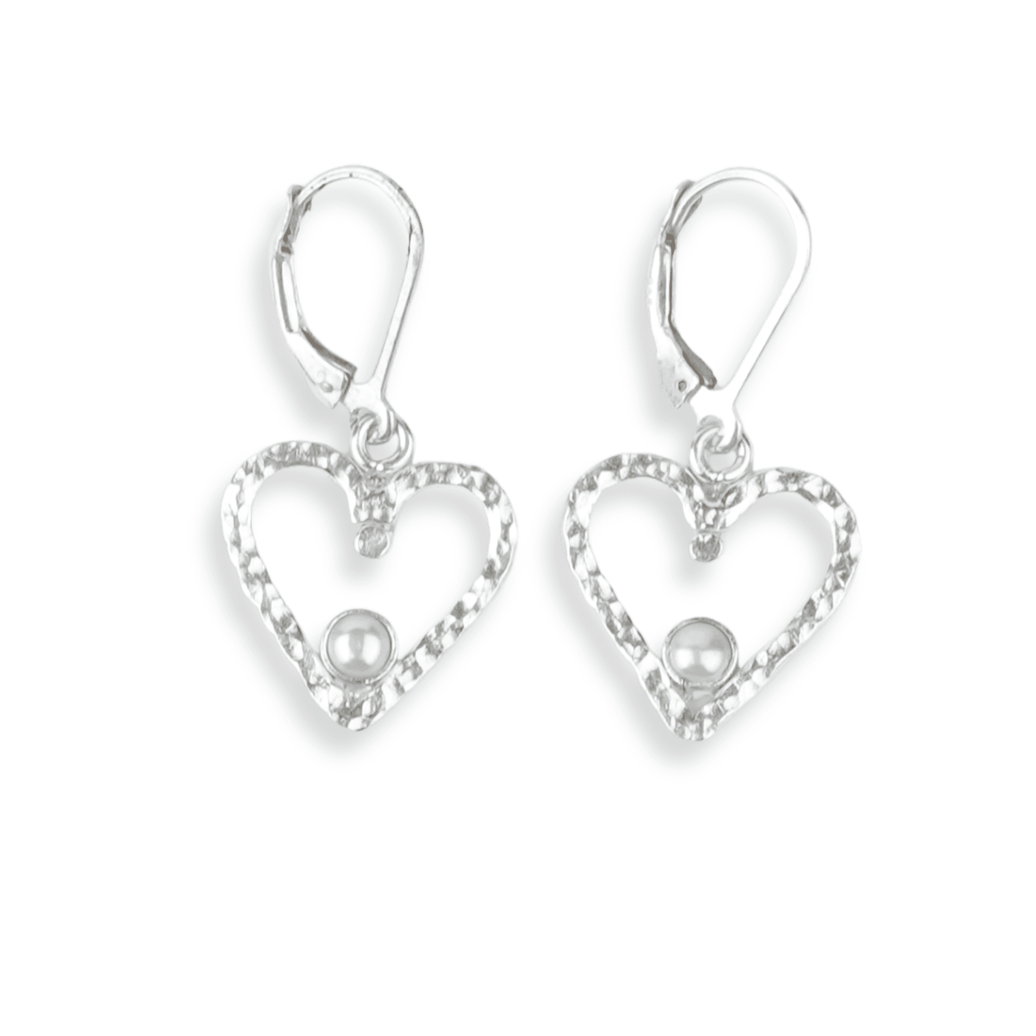 Silver Hammered Heart & Pearl Dangle Earrings front view in 92.5 sterling silver