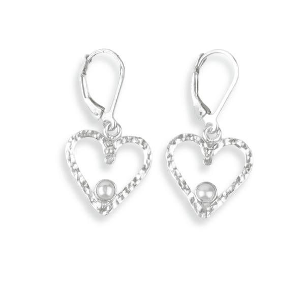 Silver Hammered Heart & Pearl Dangle Earrings front view in 92.5 sterling silver