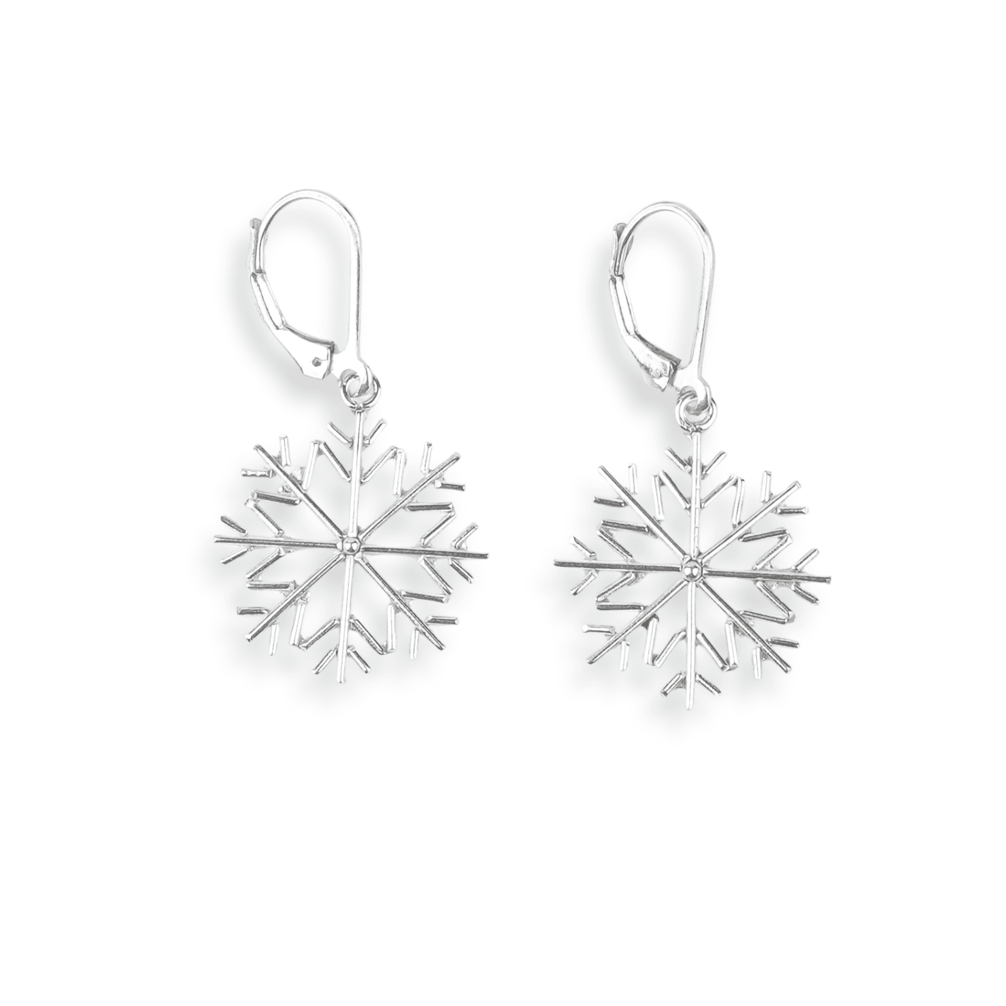Silver Snowflake Dangle Earrings front view in 92.5 sterling silver with an elegant snowflake design