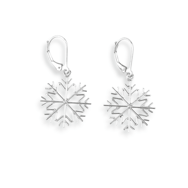 Silver Snowflake Dangle Earrings front view in 92.5 sterling silver with an elegant snowflake design