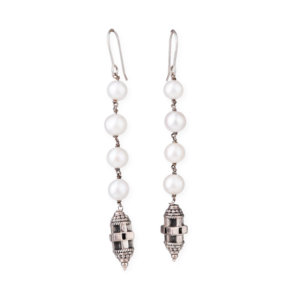 Silver Pendant Earring with Carved Bead