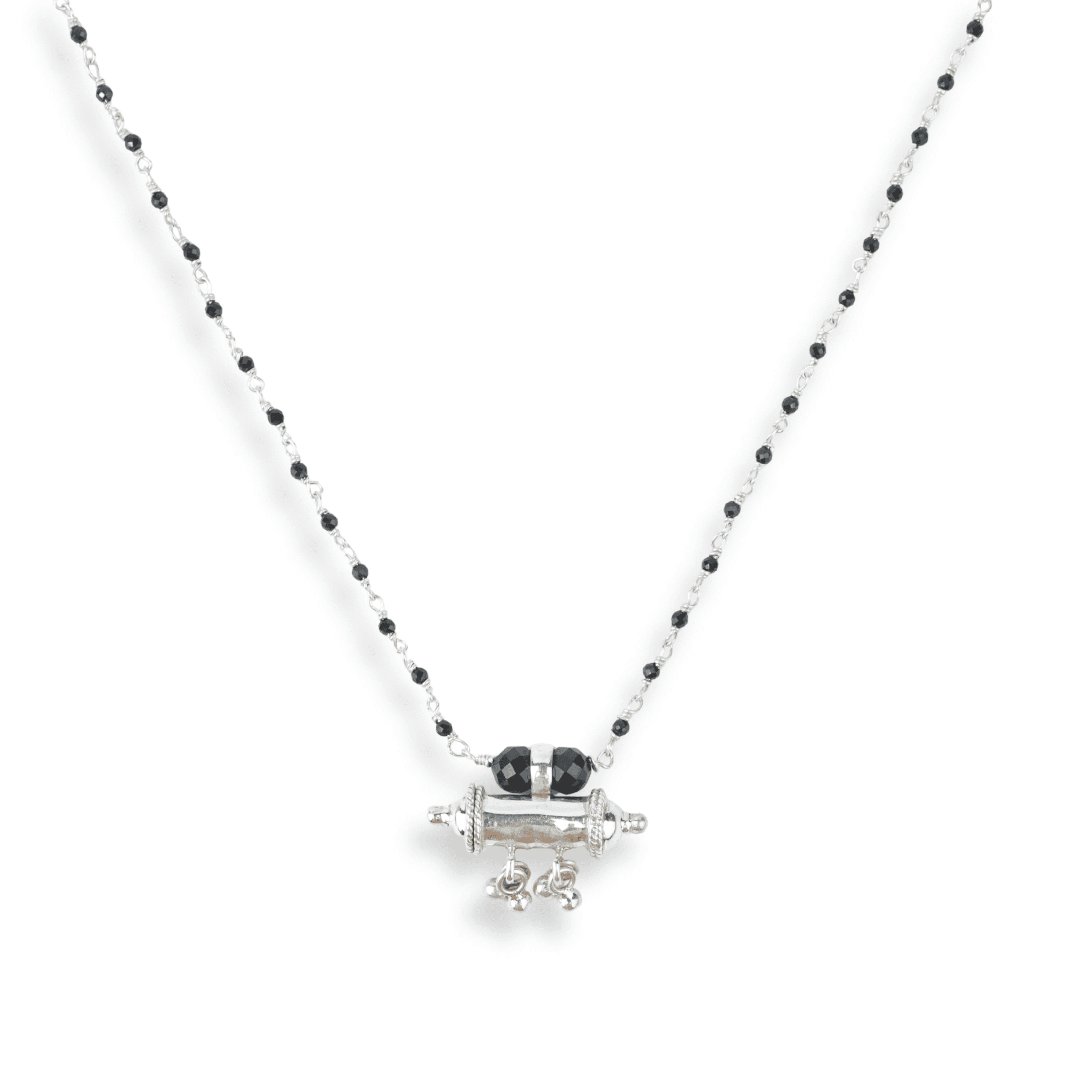 Black Spinel Ganthan Necklace with Tait Pendant front view in 92.5 sterling silver