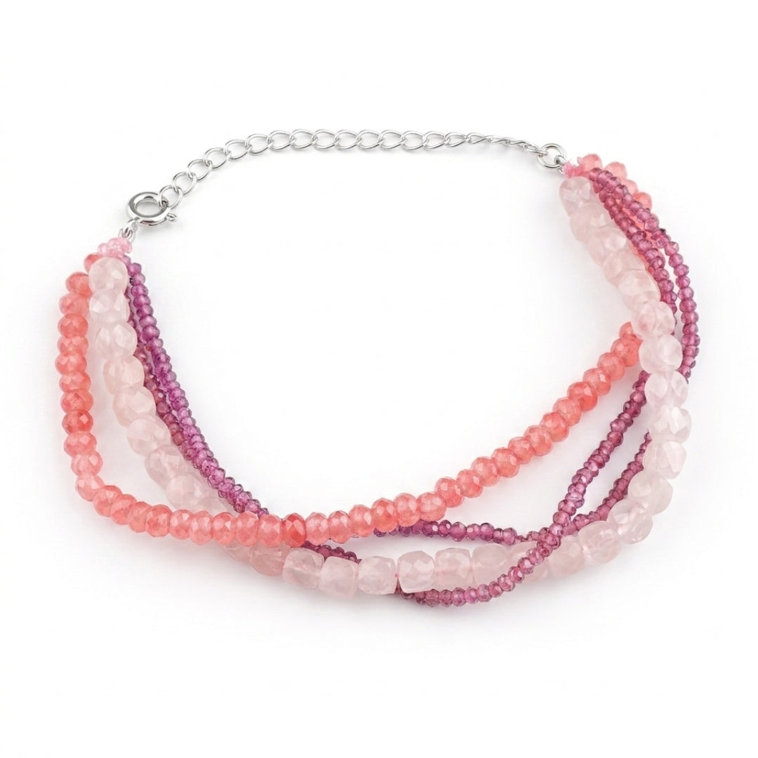 Rose Quartz, Pink Jade & Lab Grown Ruby Silver Bracelet (Project Handmade)