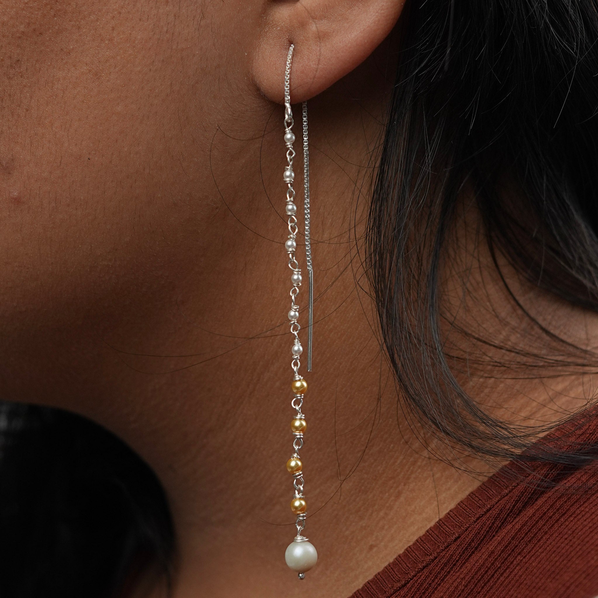 Golden & White Pearl Ganthan Sui Dhaga Earrings (Project Handmade)