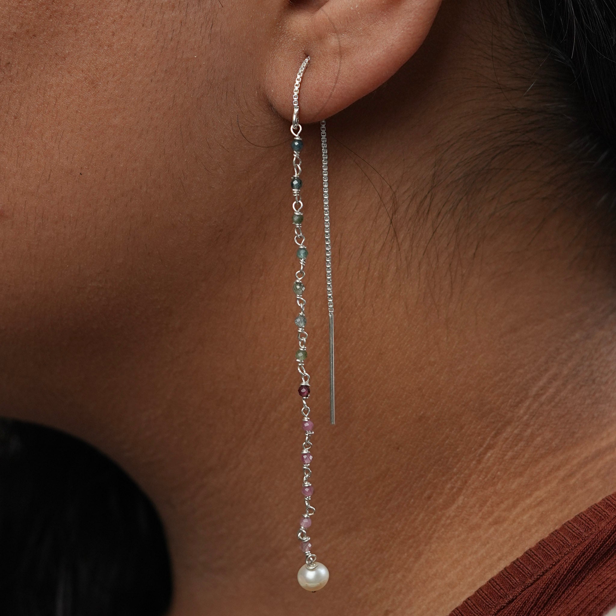 Tourmaline & Freshwater Pearl Ganthan Sui Dhaga Earrings (Project Handmade)
