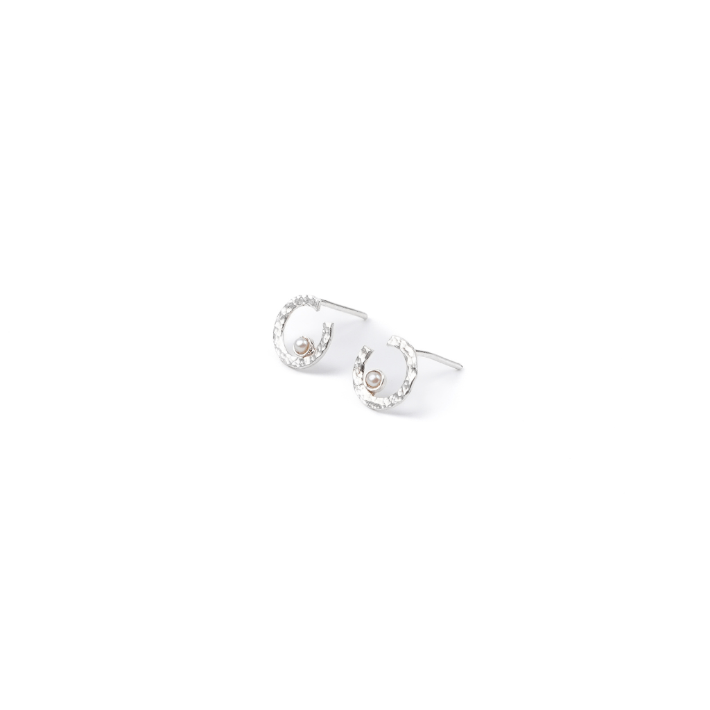 Silver semi-circle pearl earrings with cubic zirconia accents and small pearls
