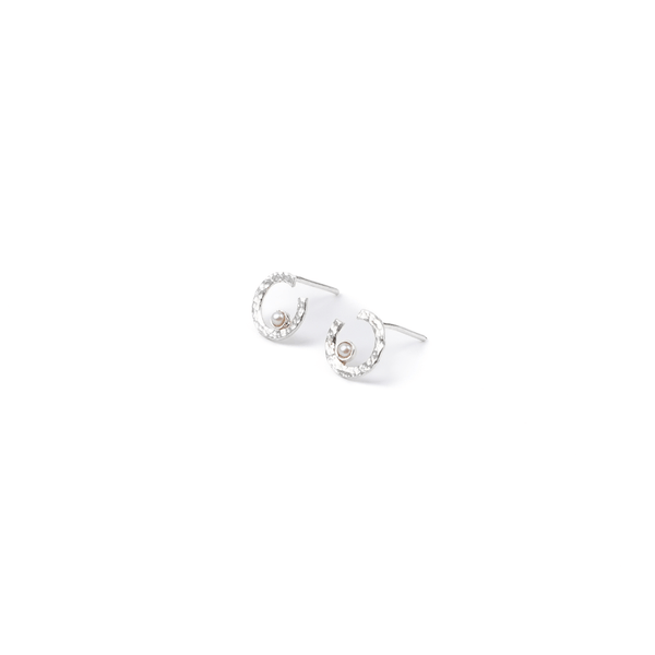 Silver semi-circle pearl earrings with cubic zirconia accents and small pearls