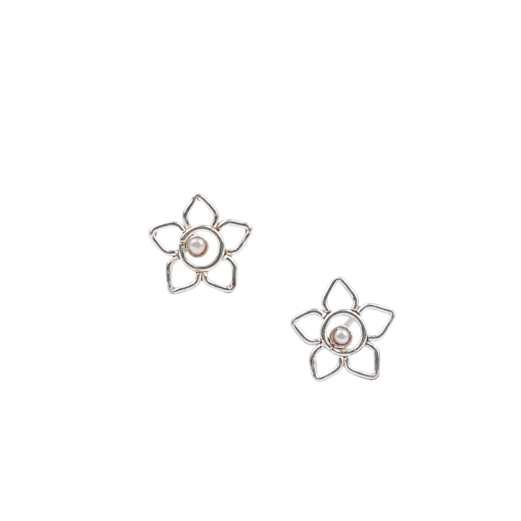 Sliver Flower and Pearl Earrings