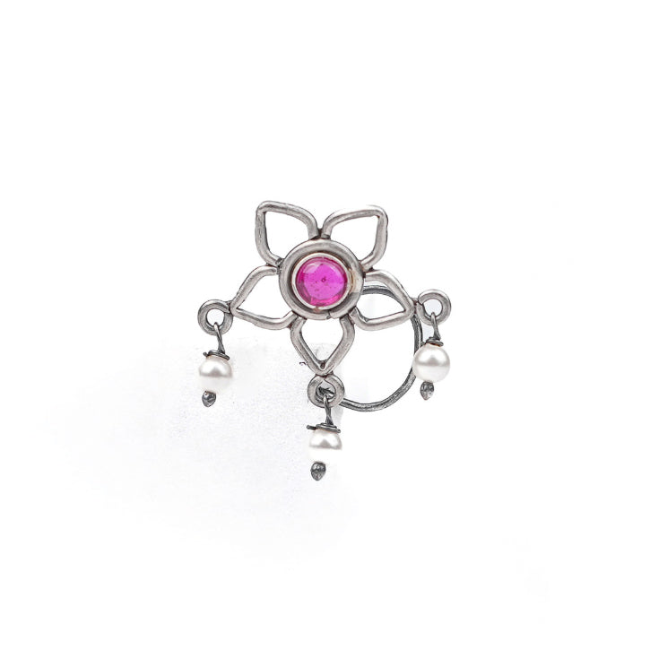 Oxidised Pink Flower Pierced Nose Pin (Large)