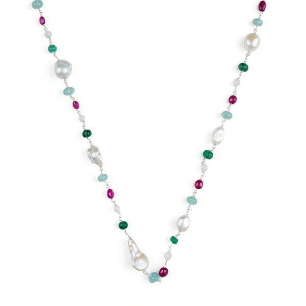 Multicolour Stone Ganthan Necklace with Baroque Pearls in 92.5 sterling silver